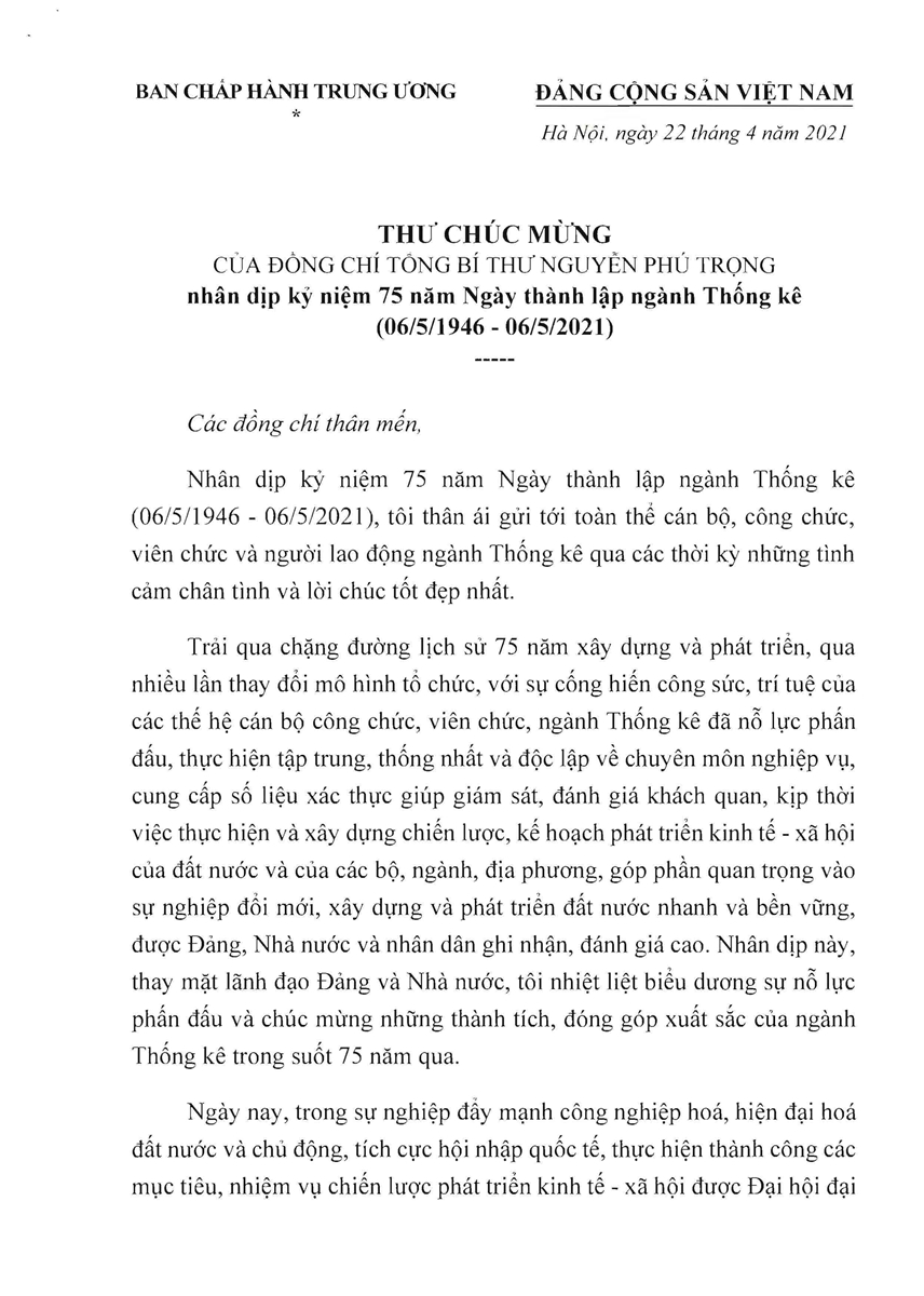 Thư chúc mừng của đồng chí Tổng Bí thư Nguyễn Phú Trọng nhân kỷ niệm 75 năm ngày thành lập ngành Thống kê Việt Nam (06/5/1946-06/5/2020)