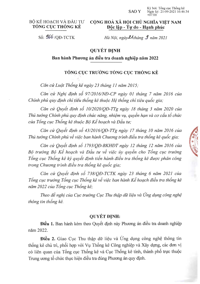 Quyết định ban hành phương án điều tra doanh nghiệp năm 2022