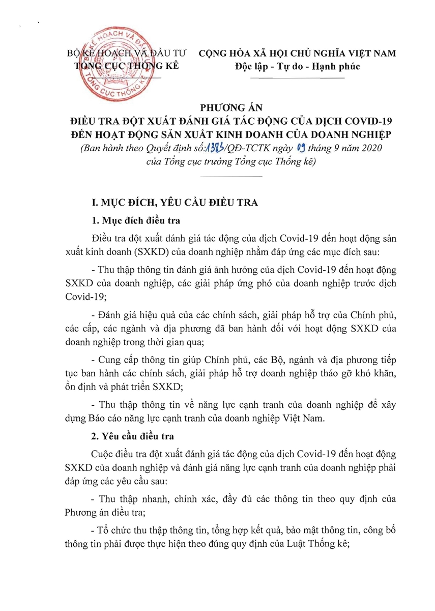 Phương án điều tra đôt xuất đánh giá tác động của dịch Covid-19 đến hoạt động sản xuất kinh doanh của doanh nghiệp 2