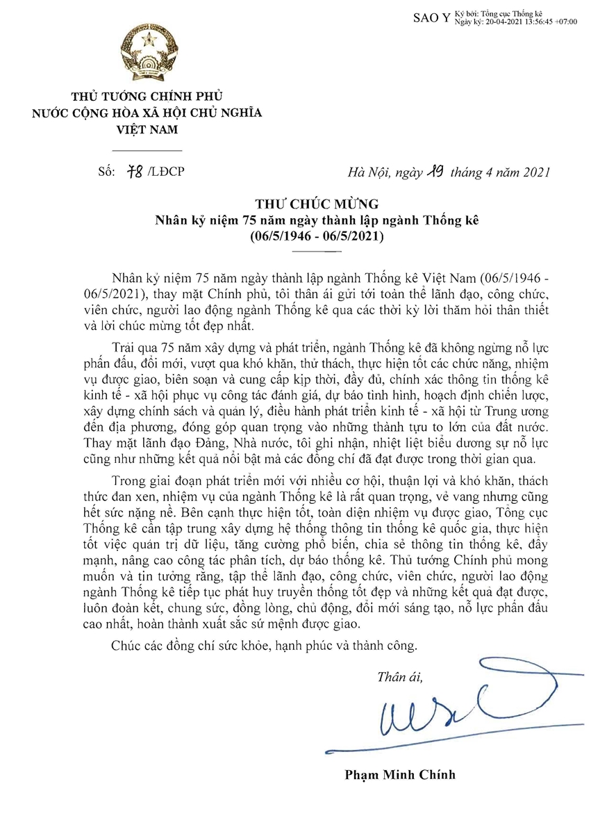 Thư chúc mừng của Thủ tướng Chính phủ Phạm Minh Chính nhân kỷ niệm 75 năm ngày thành lập ngành Thống kê 
