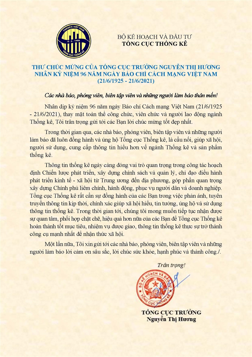   Thư chúc mừng của Tổng cục trưởng TCTK Nguyễn Thị Hương nhân kỷ niệm 96 năm Ngày Báo chí Cách mạng Việt Nam (21/6/1025 - 21/6/2021) 1