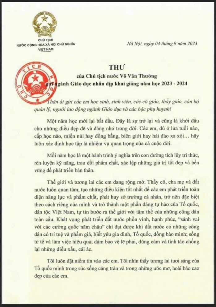 Thư Chủ tịch nước Võ Văn Thưởng gửi ngành Giáo dục dịp khai giảng năm học 2023 - 2024